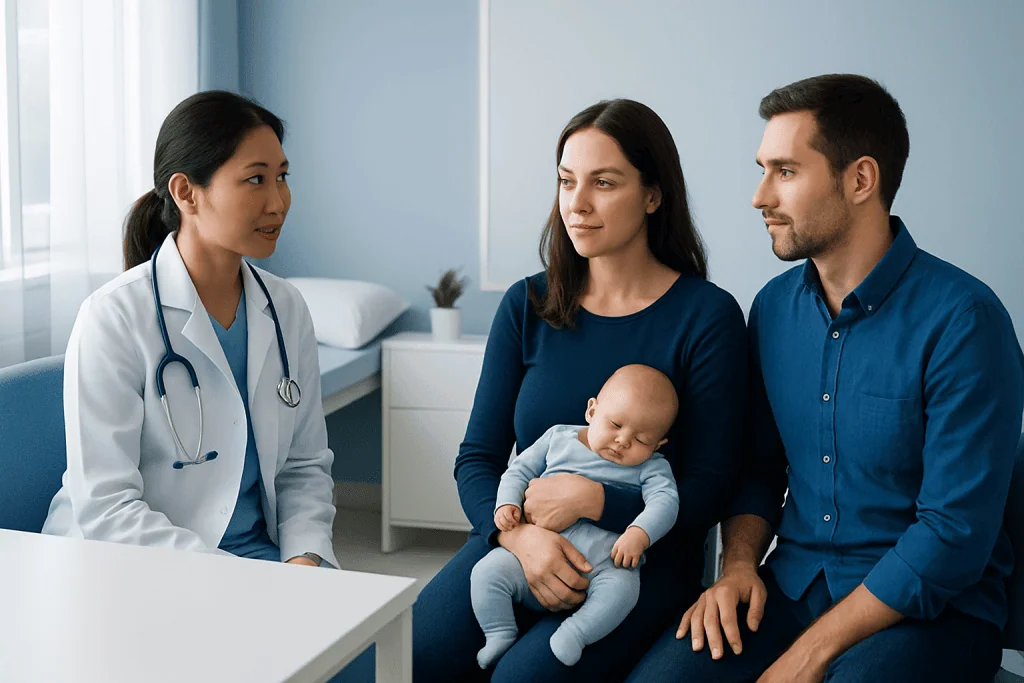 Doctor consulting with parents and baby in a hospital room.