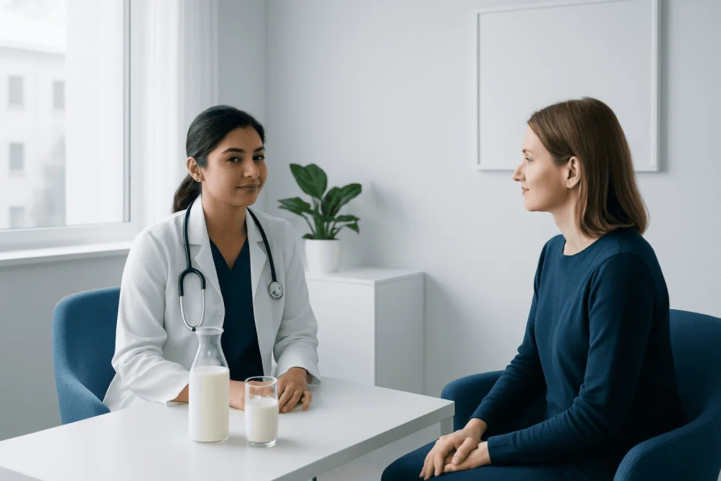 Doctor consulting with a patient in a modern medical office.