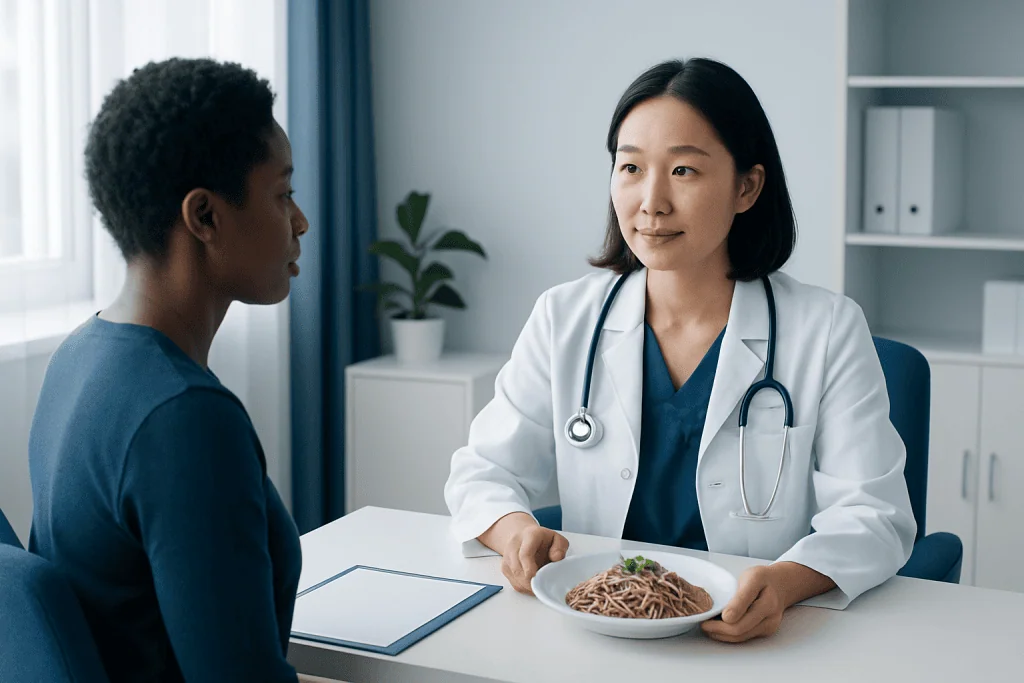 Doctor explaining buckwheat soba noodles benefits to patient in consultation.