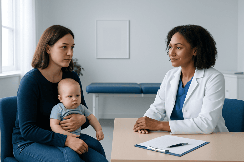 Pediatric consultation with mother and doctor in a clinic setting.