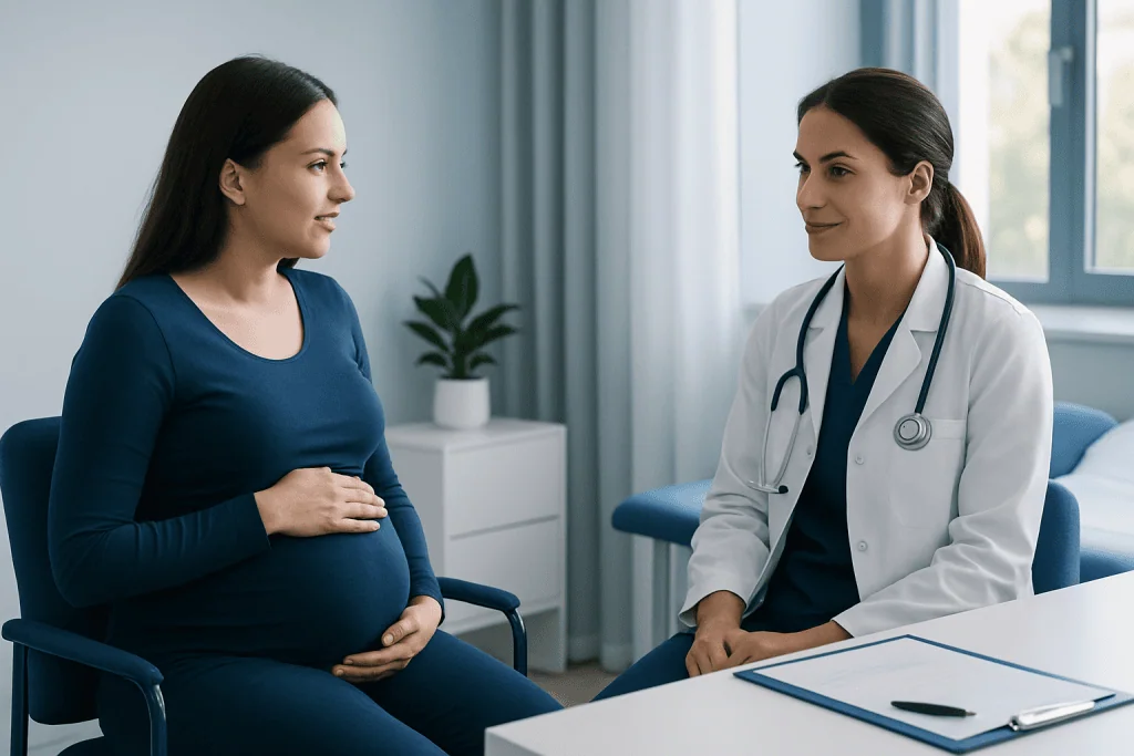 Pregnant woman consulting with a doctor in a hospital room.