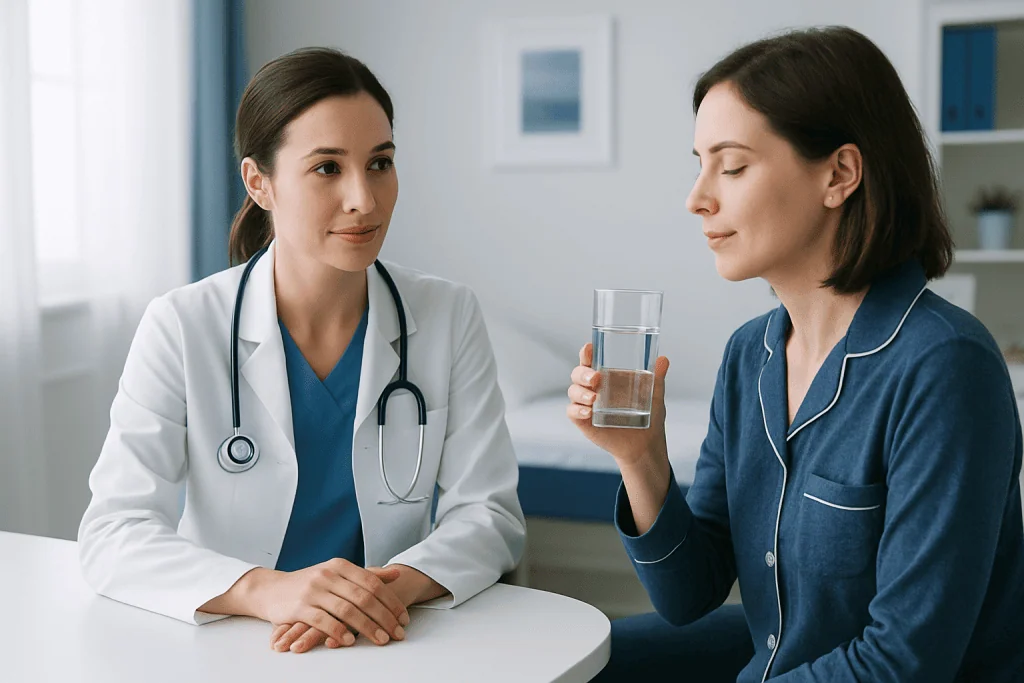 Doctor advising patient on drinking water before bed in a clinical setting.