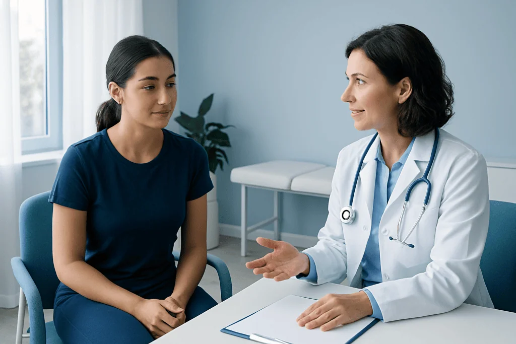 Doctor consulting with a young woman in a medical office setting.