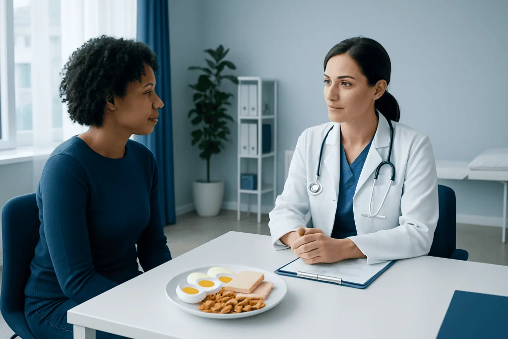Doctor consulting a patient with a healthy snack on the table.