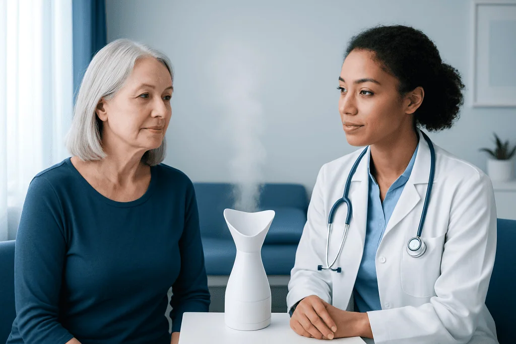 Doctor explaining steam inhalation benefits to an elderly woman in a clinic setting.