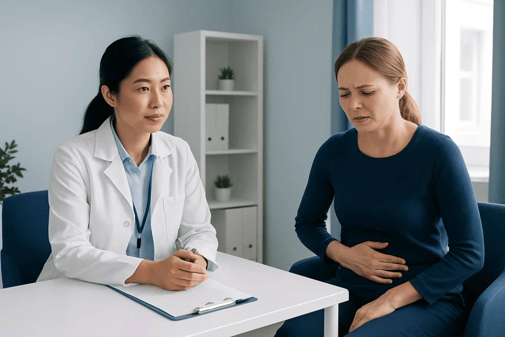 Doctor consulting a patient about digestive health in a clinic setting.