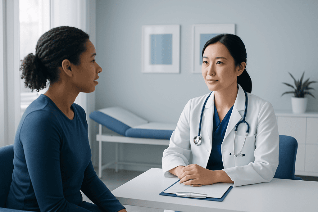 Doctor consulting with a patient in a modern medical office.
