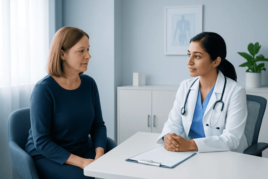Doctor consulting with a patient in a modern medical office.
