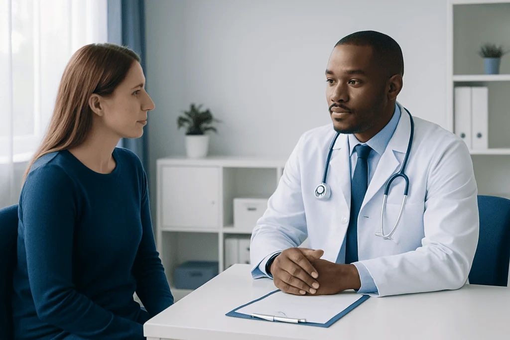 Doctor consulting with a female patient in a modern clinic setting.