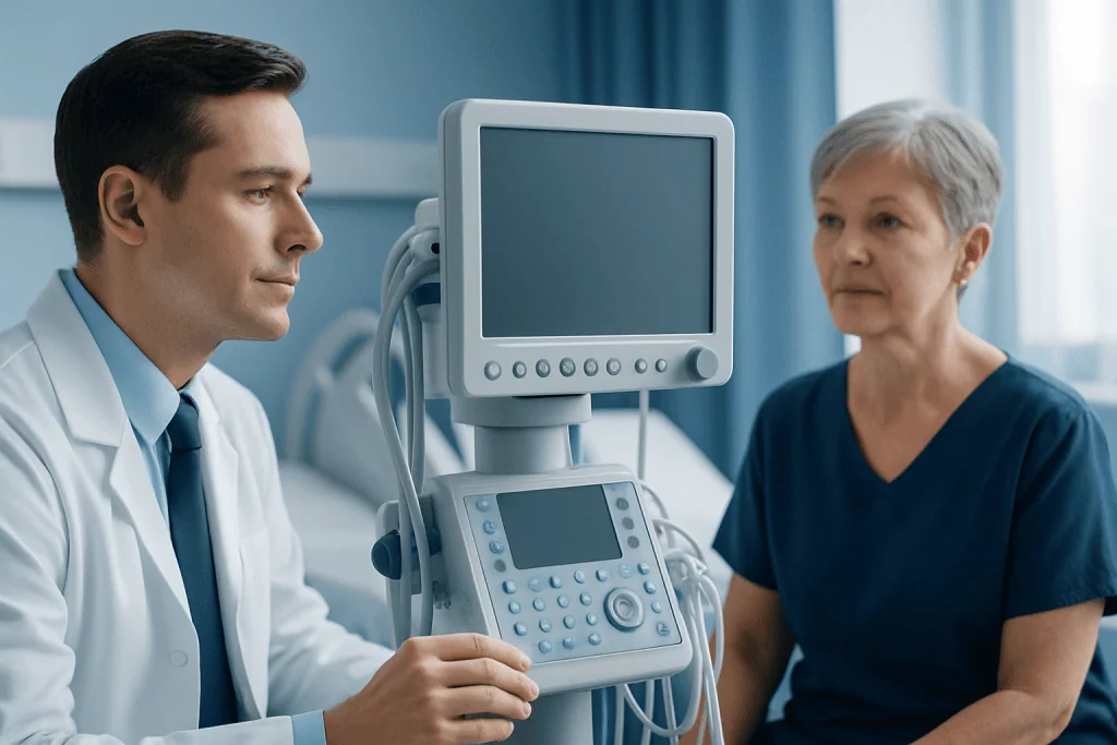 Doctor consulting with elderly patient using medical ultrasound equipment.