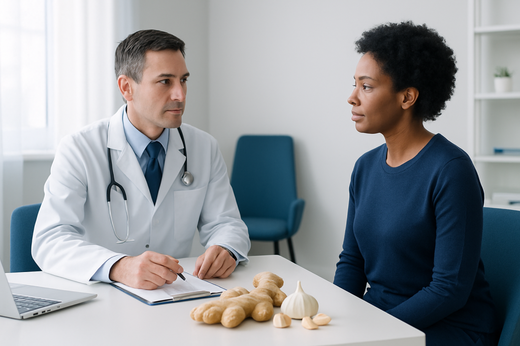 Doctor consulting a patient about garlic and ginger health benefits.