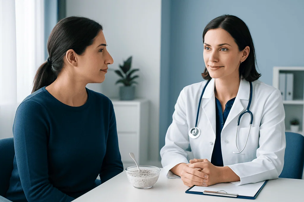 Doctor consulting with patient about health in a medical office.