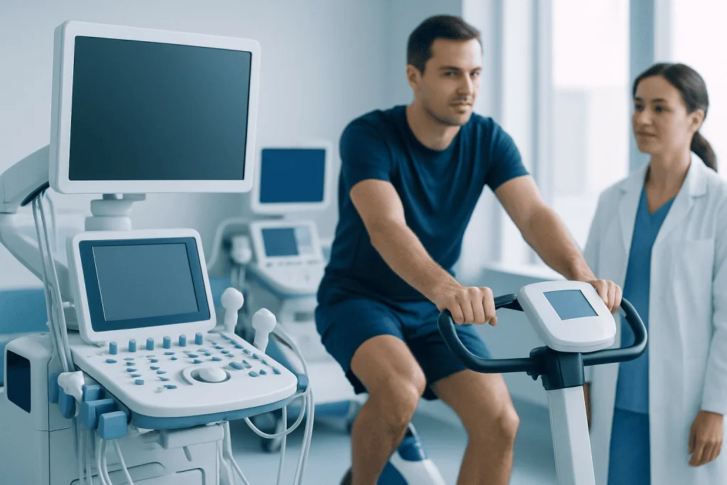 Patient undergoing a stress test on a treadmill at Acibadem Hospital.