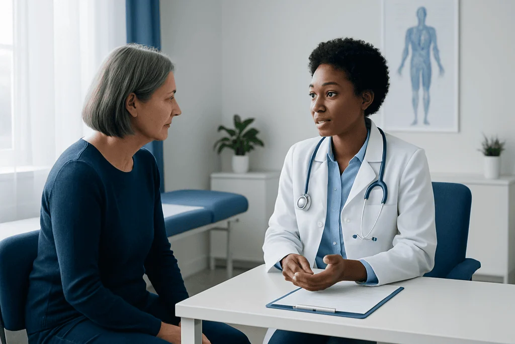 Doctor consulting with an elderly female patient in a medical office.