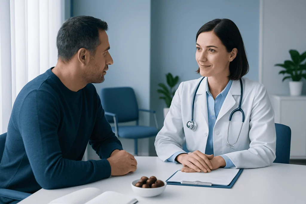 Doctor consulting with patient in a medical office setting.
