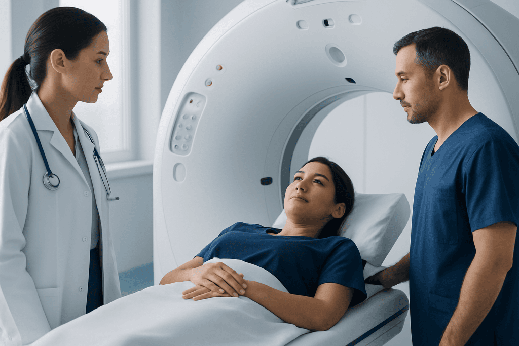 Medical professionals preparing a patient for a CT scan in a hospital.