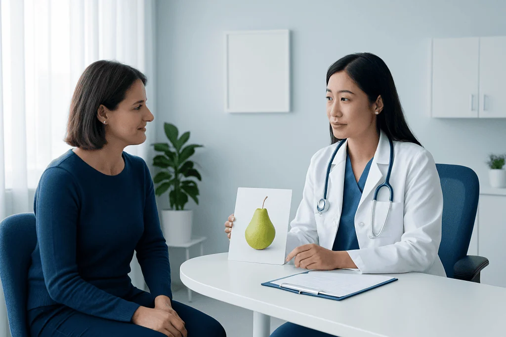 Doctor explaining pear health benefits to patient in consultation room.