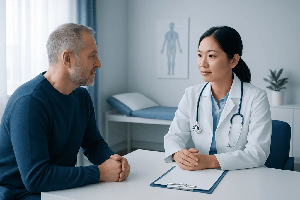 Doctor consulting with a patient in a modern hospital room.