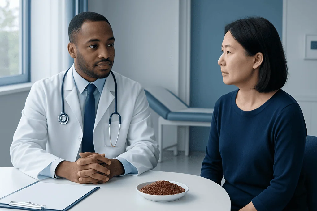 Doctor consulting with a patient about red quinoa health benefits in a clinical setting.