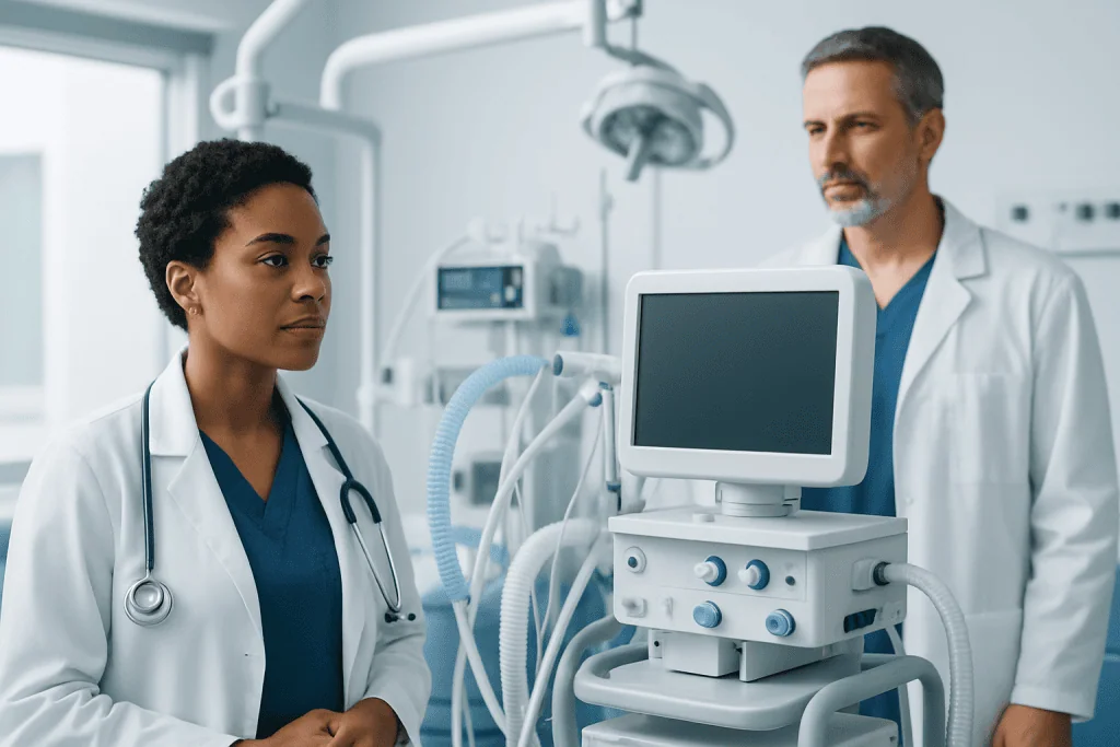 Medical professionals in a hospital room with ventilator equipment.