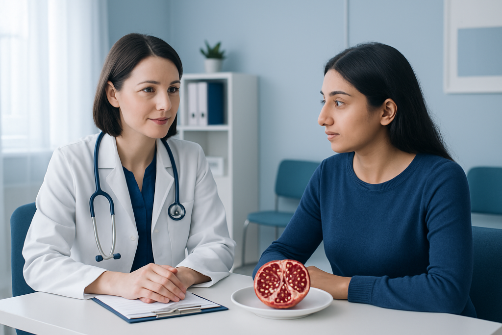 Doctor consulting patient with pomegranate image on table at hospital.