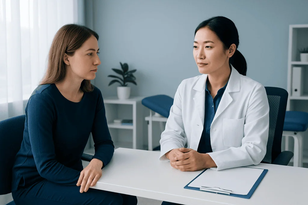 Doctor consulting with patient in a medical office setting.