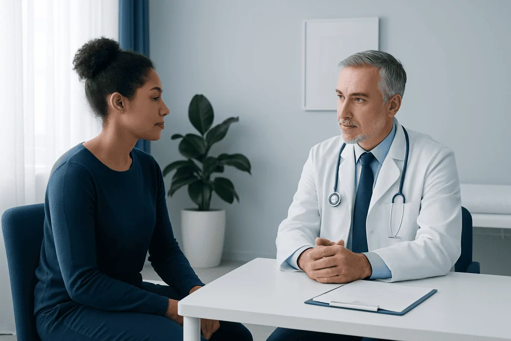 Doctor consulting with a patient in a modern medical office.