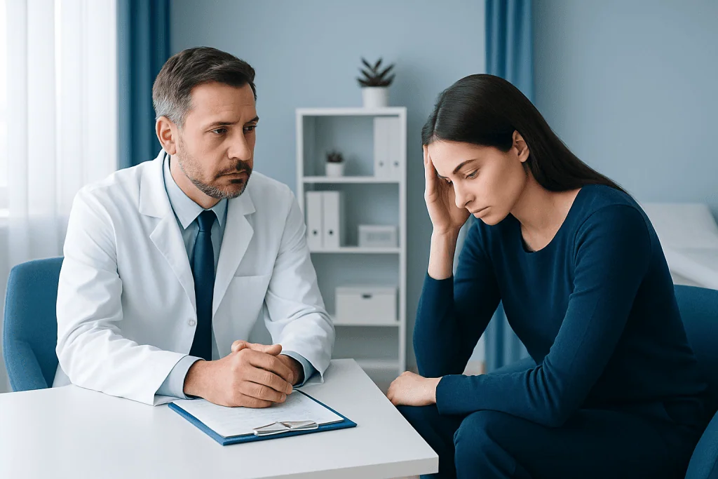 Doctor consulting with a woman patient in a medical office.