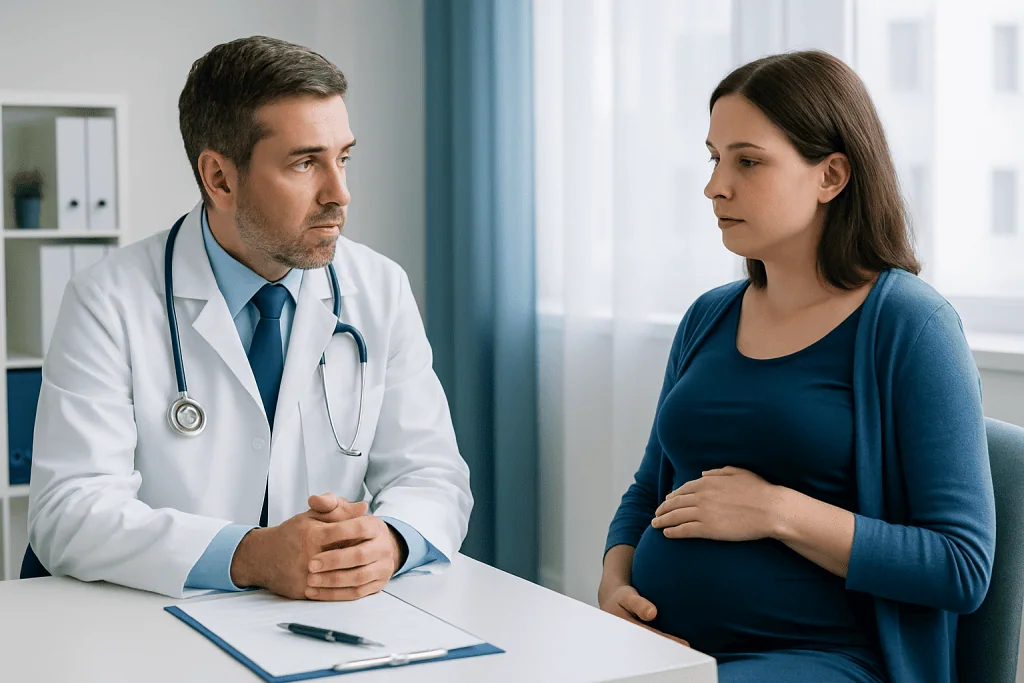 Doctor consulting with pregnant woman in a medical office.