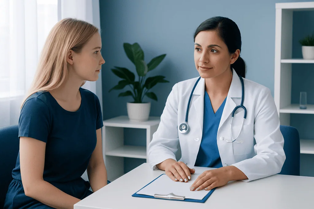 Doctor consulting with a young female patient in a medical office.