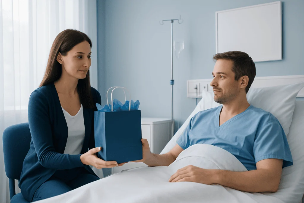 Woman giving a gift to a patient in hospital bed.