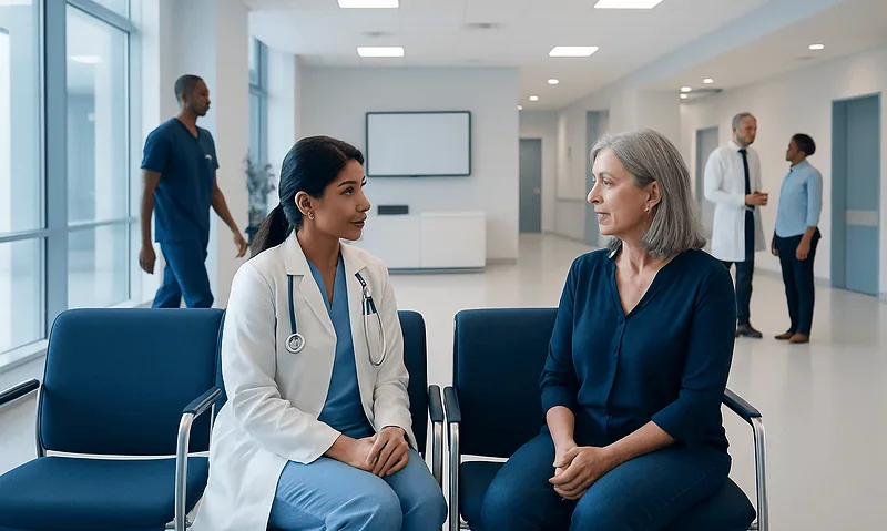 Medical consultation in a hospital waiting area with healthcare professionals and patients.