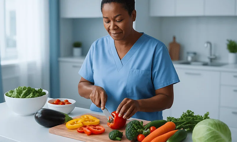 Woman preparing fresh vegetables in a modern kitchen for healthy eating.