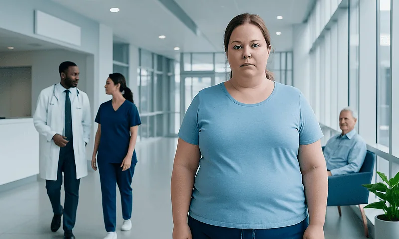 Patient in hospital corridor with medical staff and visitor in background.