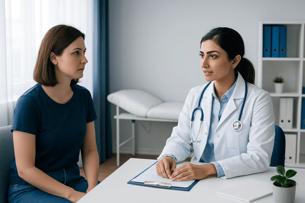 Doctor consulting with a female patient in a medical office.