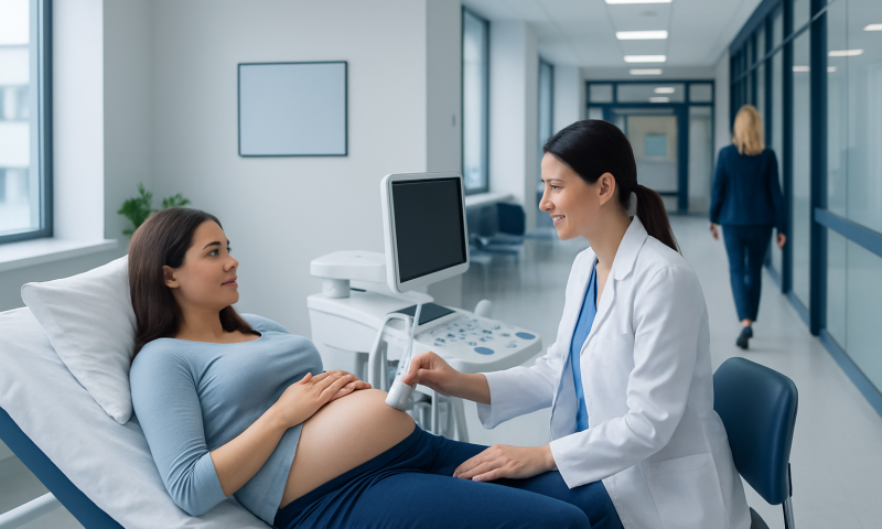 Pregnant woman during ultrasound examination at Acibadem Hospital.