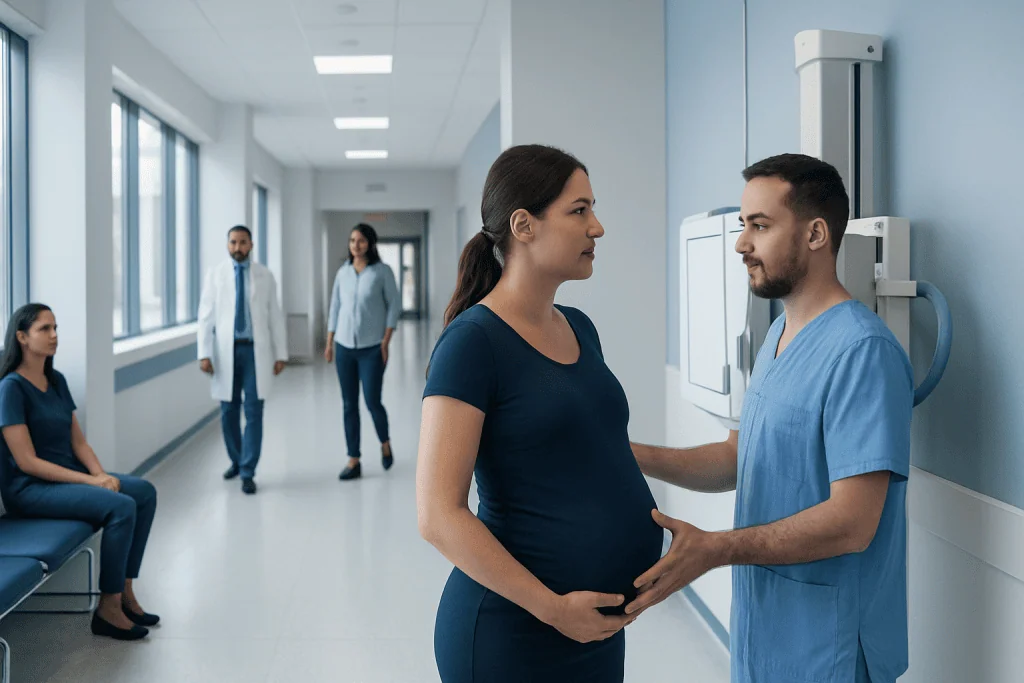 Pregnant Xray: Preparation, Procedure and Results 1 Pregnant woman consulting with a healthcare professional in a hospital corridor.
