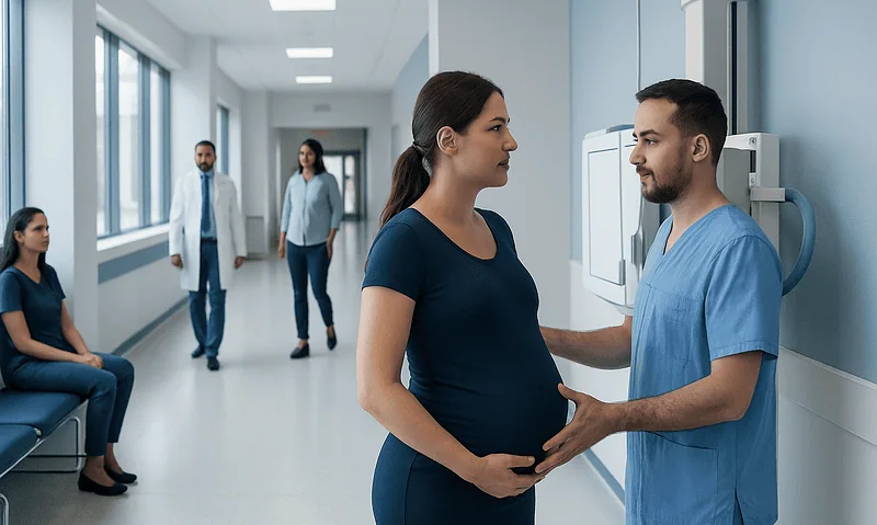 Pregnant woman consulting with a healthcare professional in a hospital corridor.