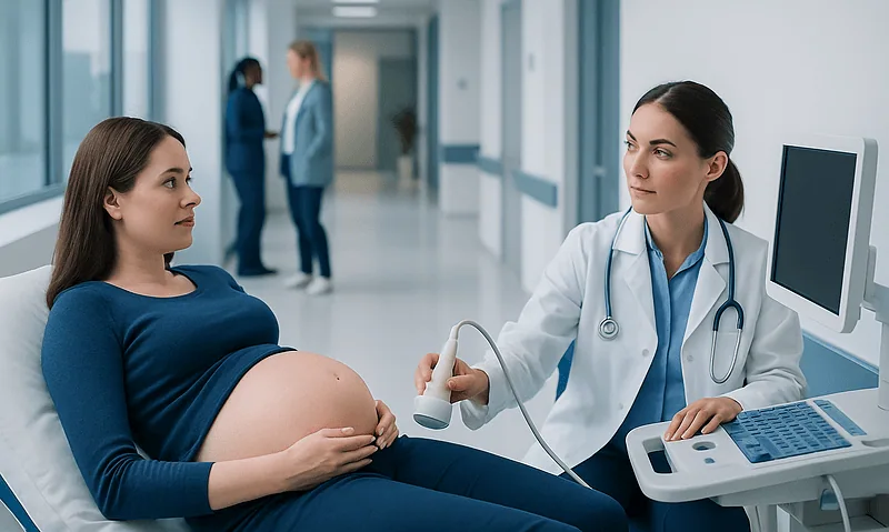 Pregnant woman undergoing prenatal ultrasound at Acibadem Hospital.
