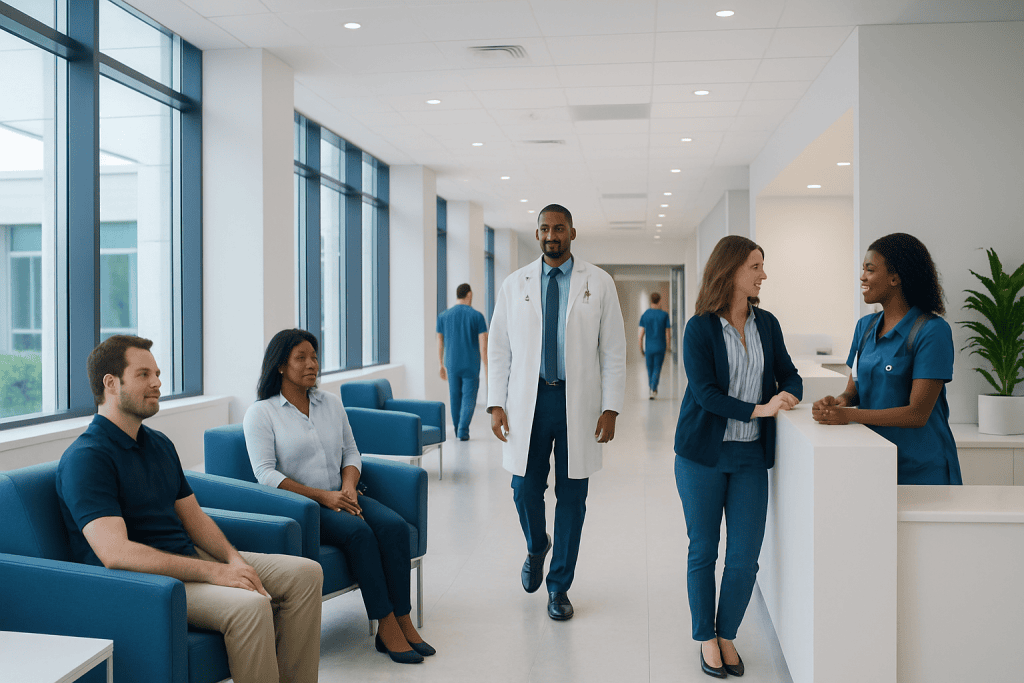 Prep Treatment: How It Works, Results and What to Expect 1 Modern hospital corridor with staff and patients engaging in conversation.