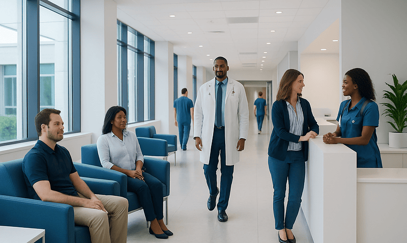 Modern hospital corridor with staff and patients engaging in conversation.