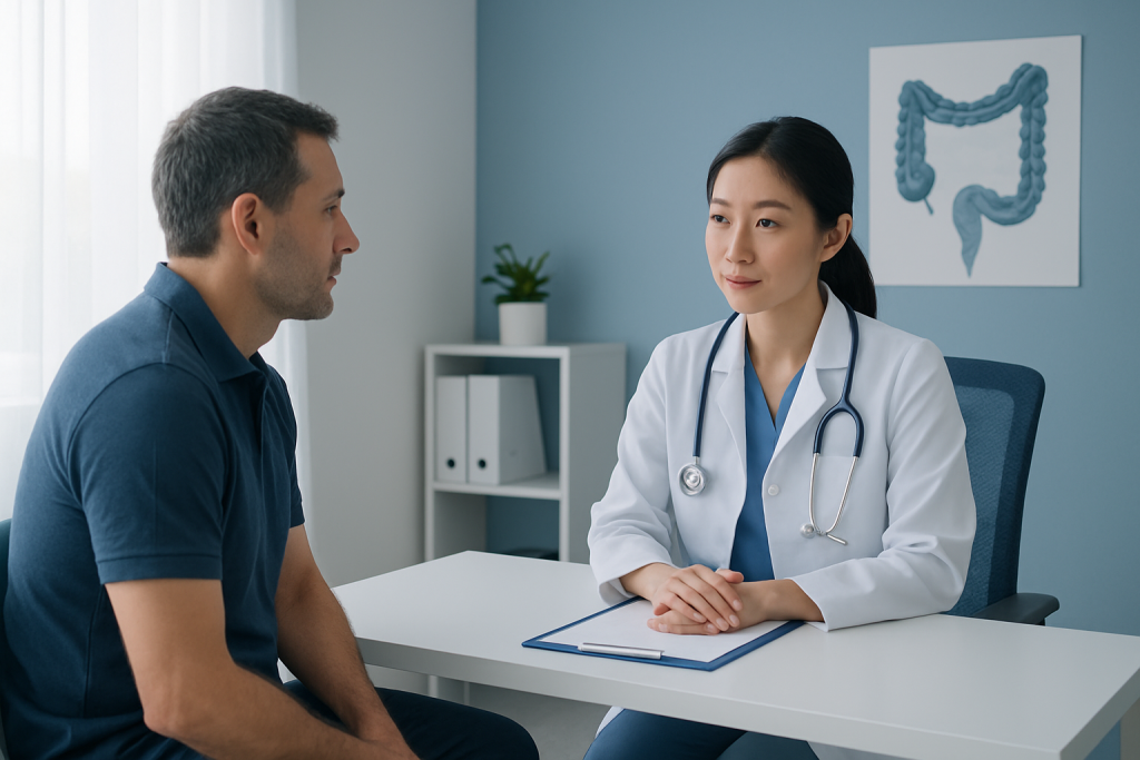Doctor consulting patient about colonoscopy preparation and procedure.