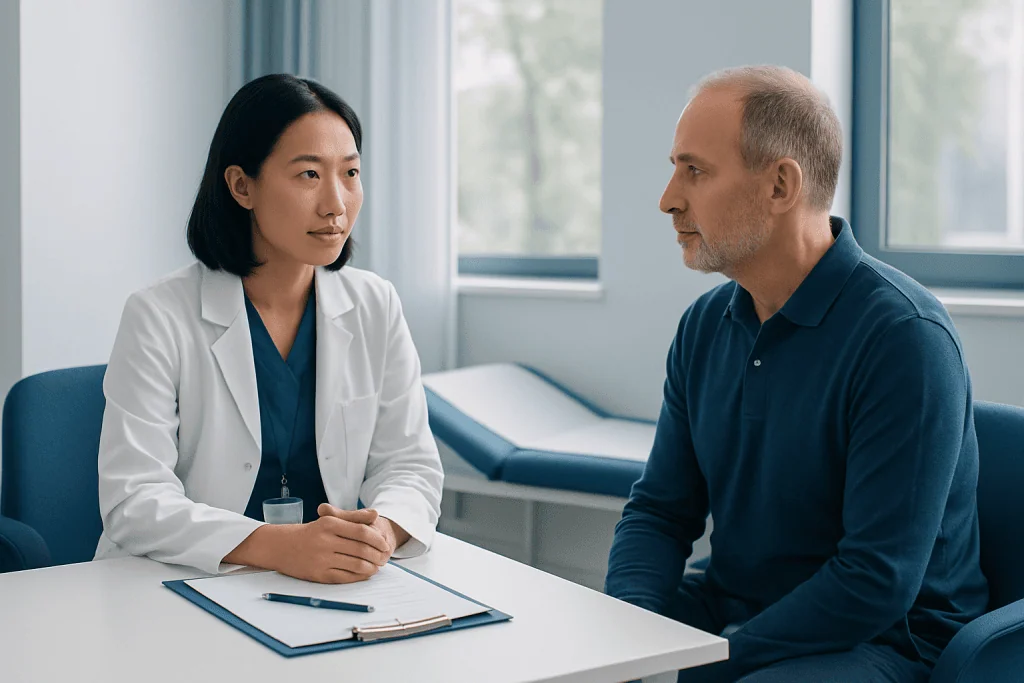 Doctor consulting with a patient in a modern medical office.