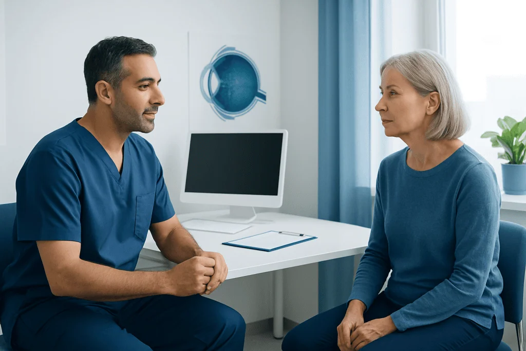 Doctor consulting with an elderly woman in a medical office.