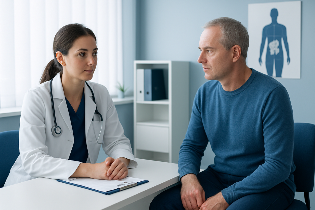 Doctor consulting with male patient in a medical office.