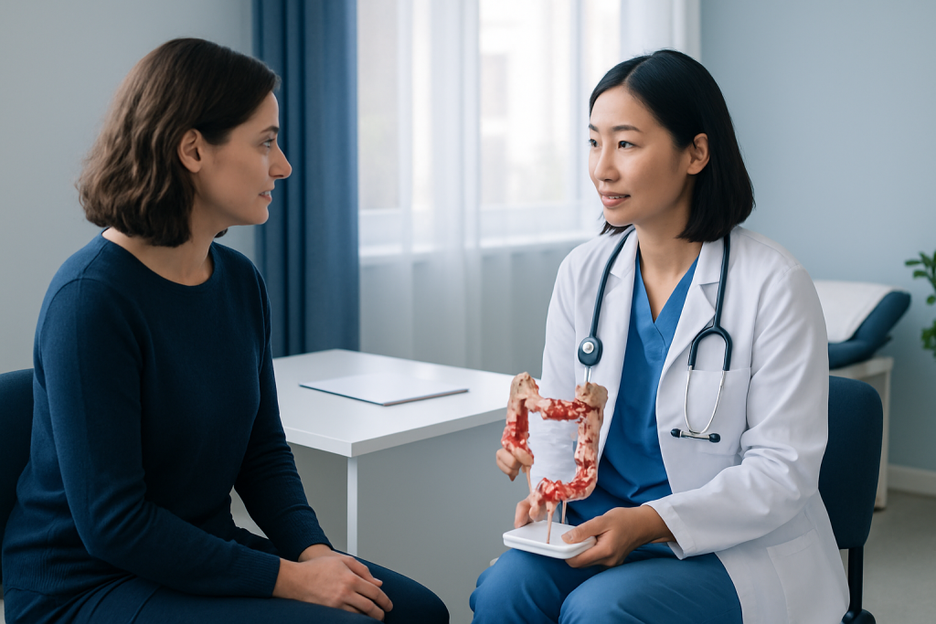 Doctor explaining colon health to patient with colon model in clinic.
