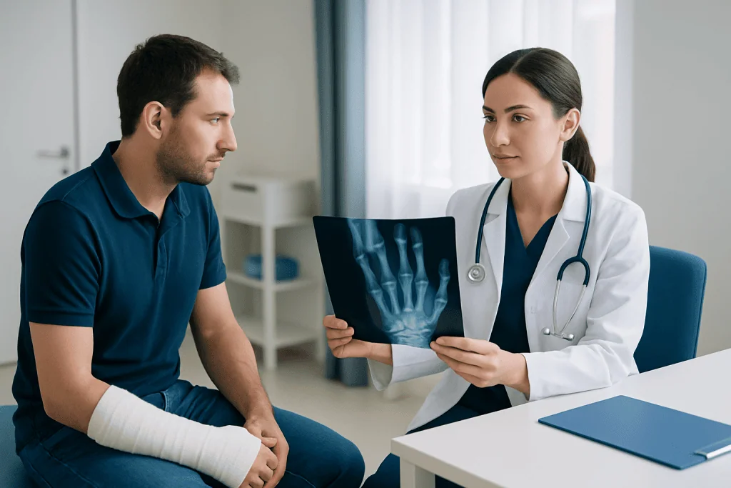 Doctor explaining broken hand X-ray to patient in consultation room.