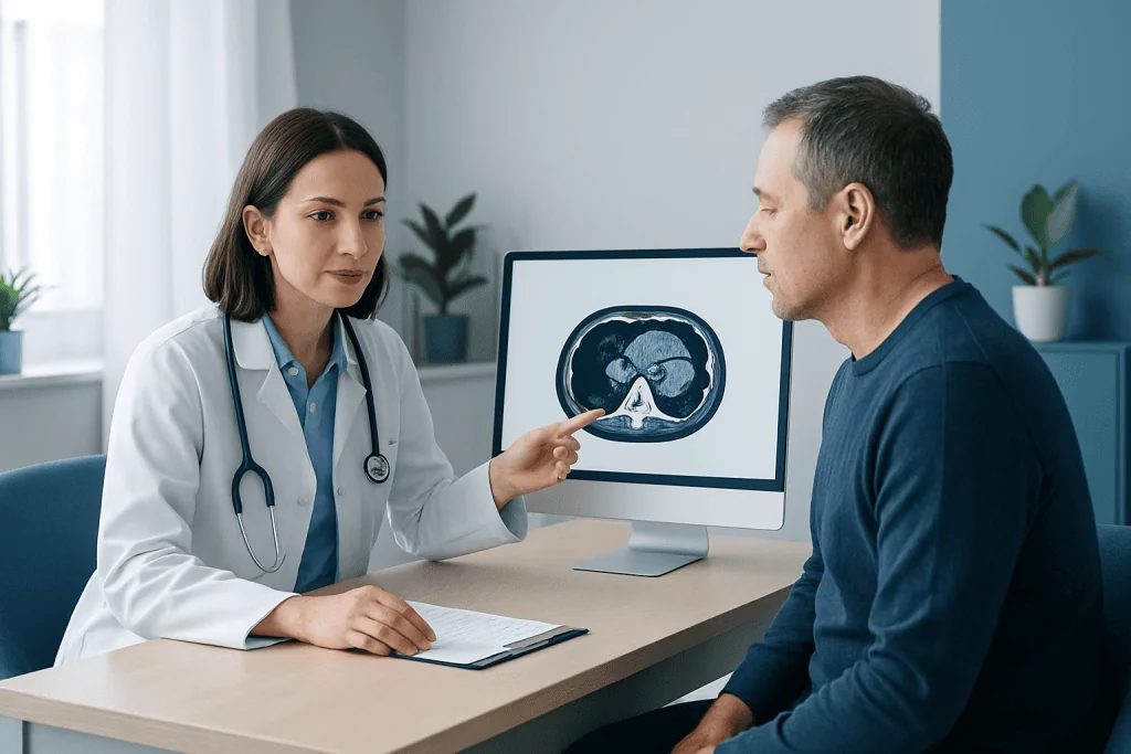 Doctor explaining liver CT scan results to patient in a medical consultation.