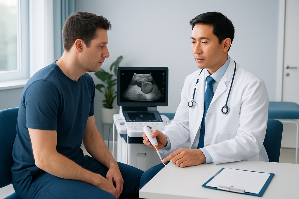 Doctor explaining ultrasound results to patient in clinic setting.