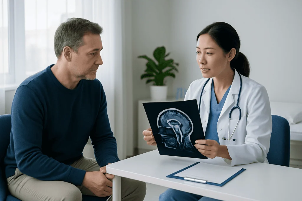 Doctor explaining brain MRI scan to patient in consultation room.